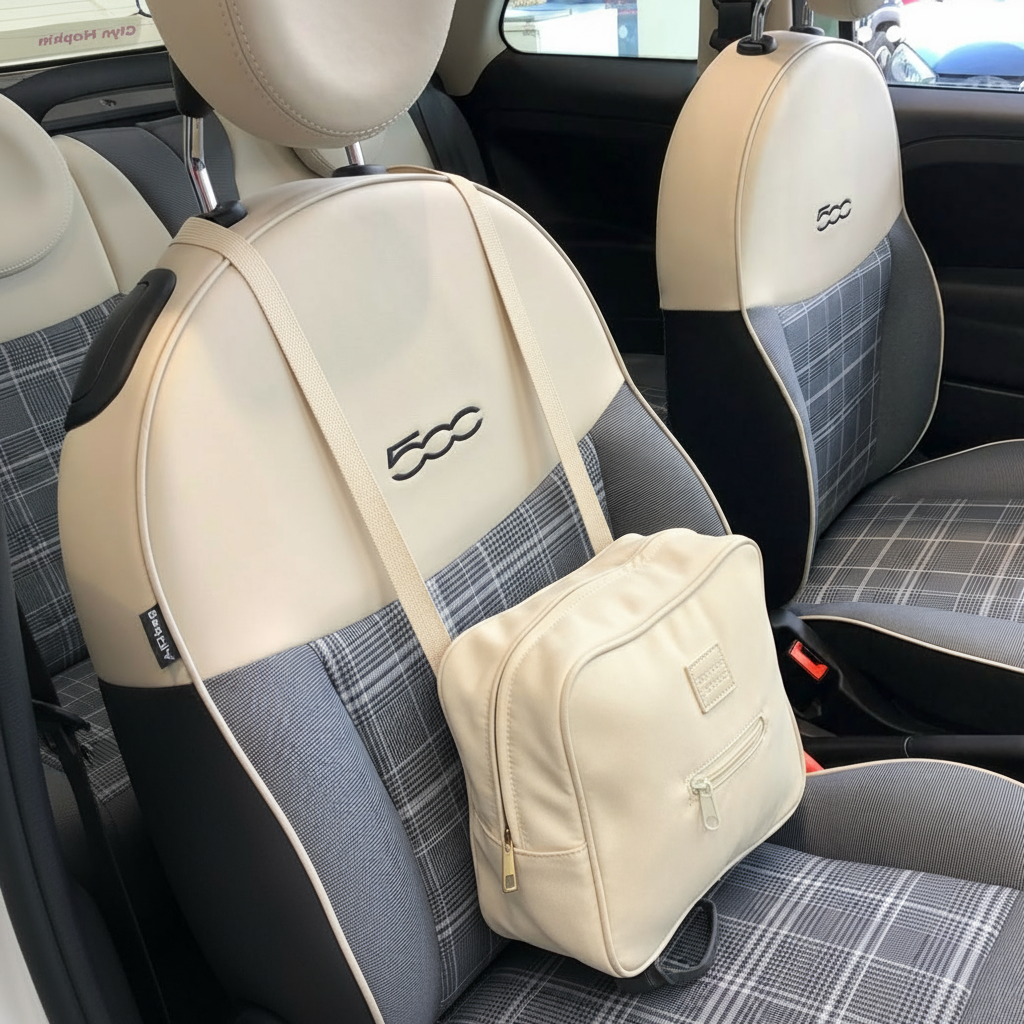 Car interior with beige and gray seat covers and a matching bag.