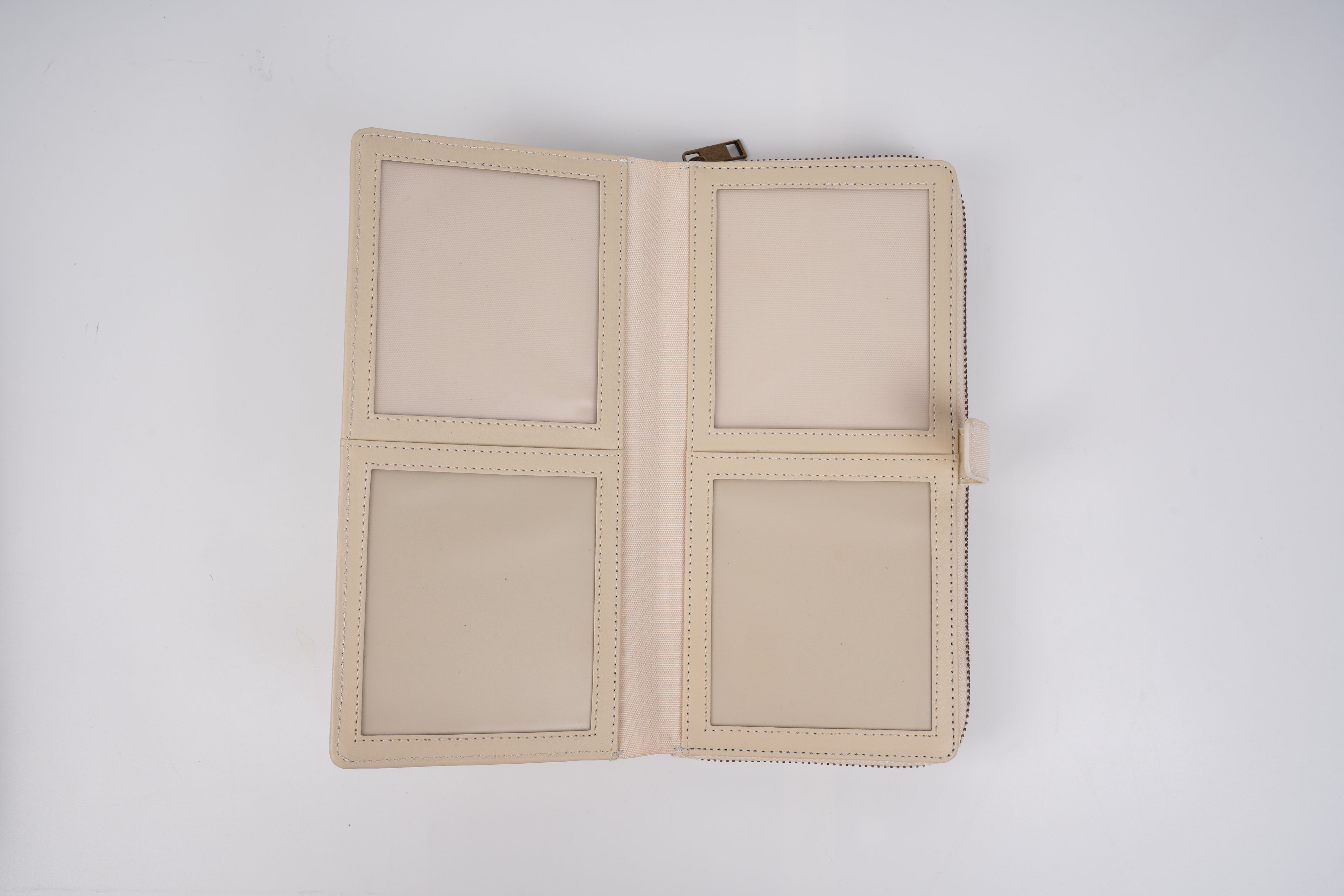 Beige wallet with multiple card slots on a white background
